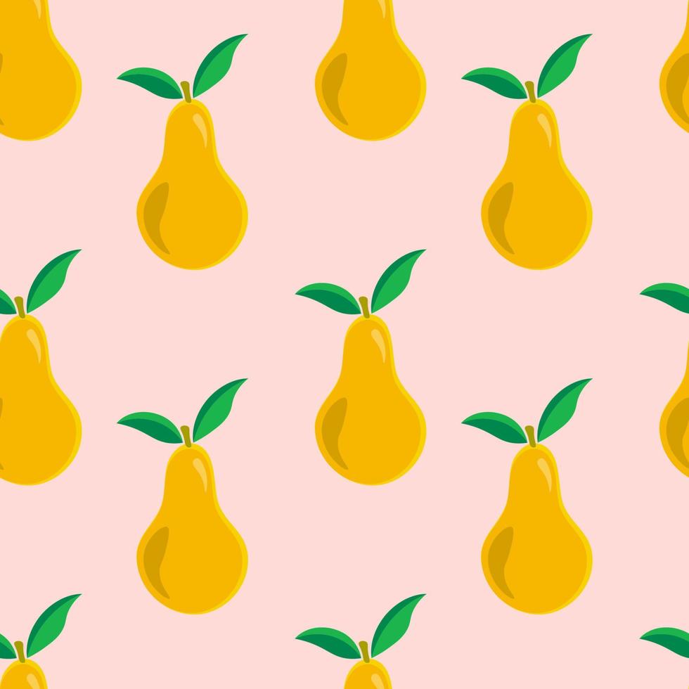 Colorful seamless pattern with yellow pear with leaves. Cute fruit background. vector
