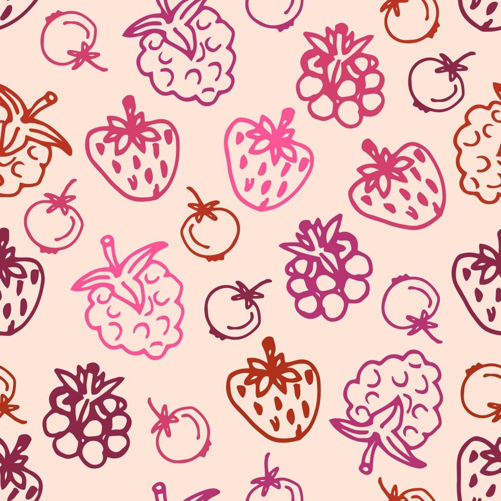 Lindo patrón sin costuras de bayas dibujadas a mano. boceto de fresa, frambuesa, foxberry, mora sobre fondo rosa pastel. vector