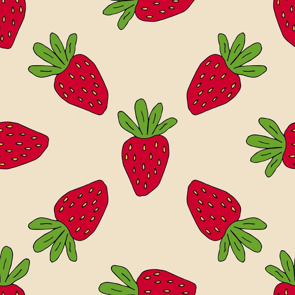 Cartoon doddle strawberry seamless pattern. Summer fruit background. Infinity berry card. vector
