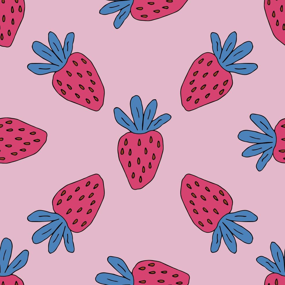 Cartoon doddle strawberry seamless pattern. Summer fruit background. Infinity berry card. vector