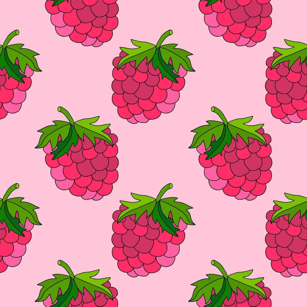 Seamless pattern with messy cartoon doodle linear raspberries isolated on pink background. vector
