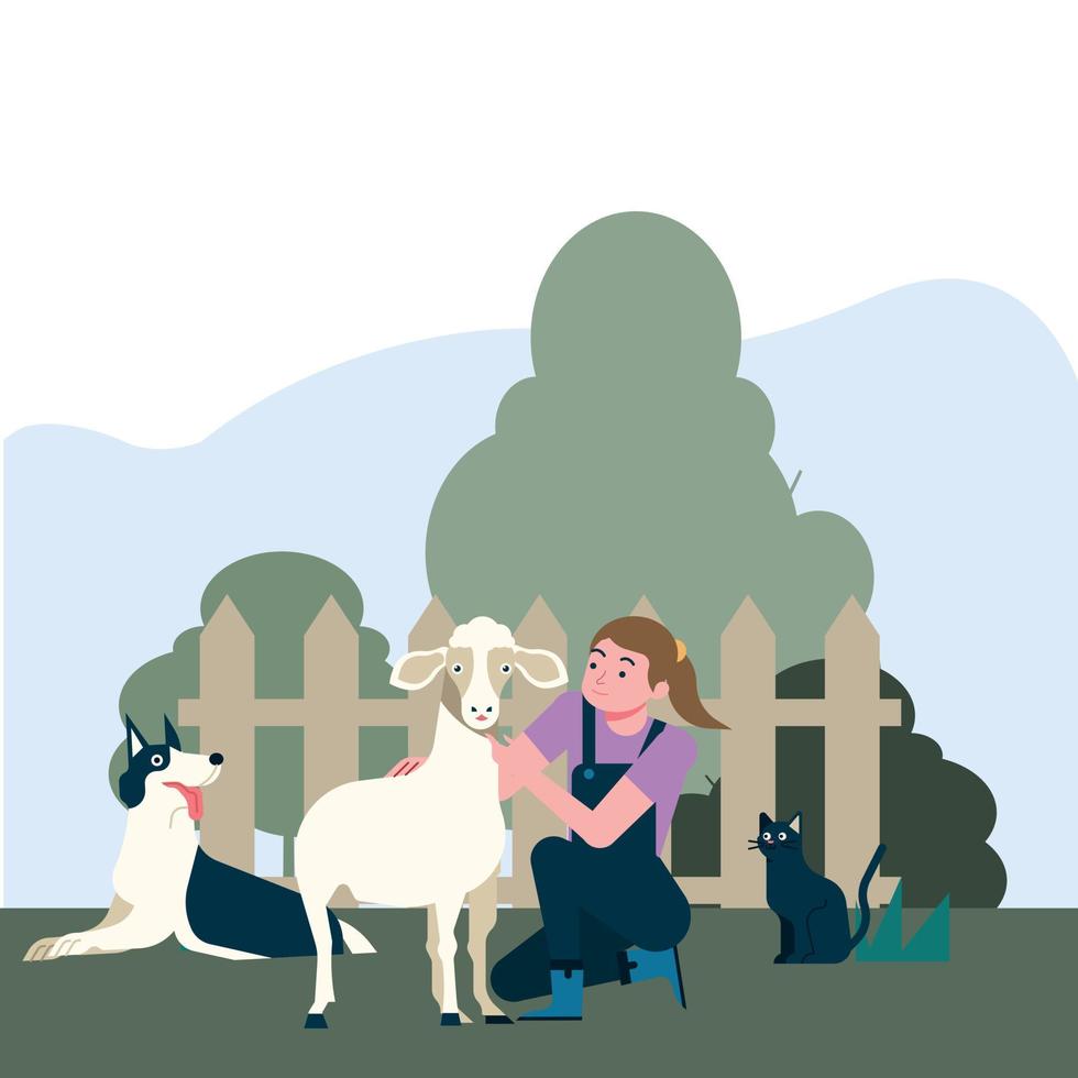 Girl with Cute Animals, vector illustration