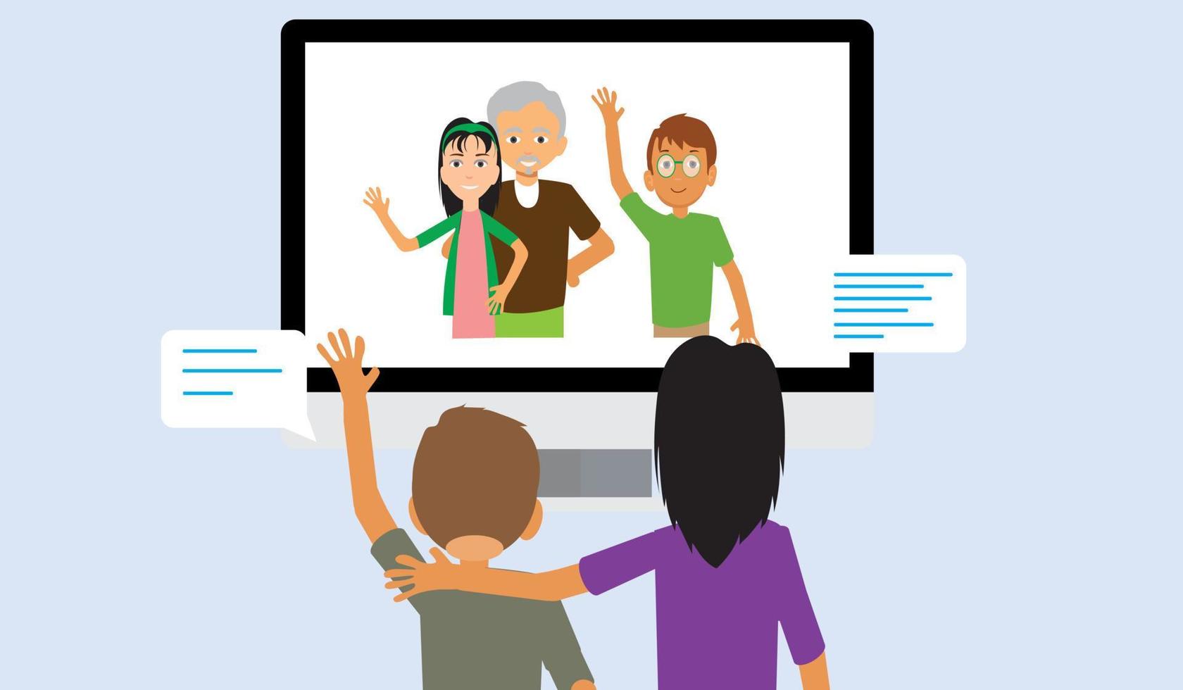Internet communication of Senior elderly people using computer. Old men and women stay home and have online meeting on Quarantine Isolation. Flat or cartoon character vector illustration.