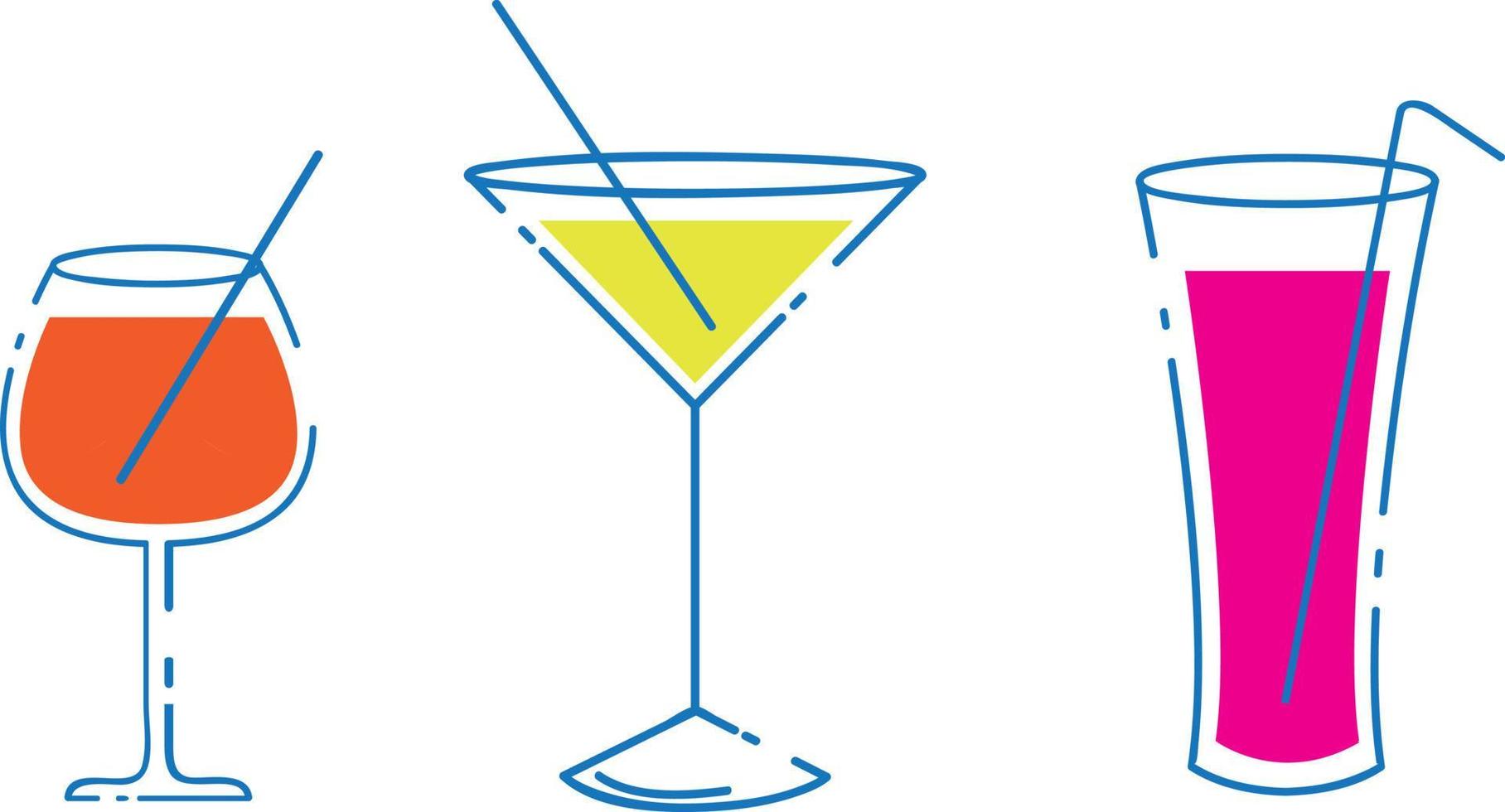 Set of cocktails. An illustration of classical drinks in different types of glasses. Vector illustration of summer cocktails. Banner with soft and alcohol drinks.