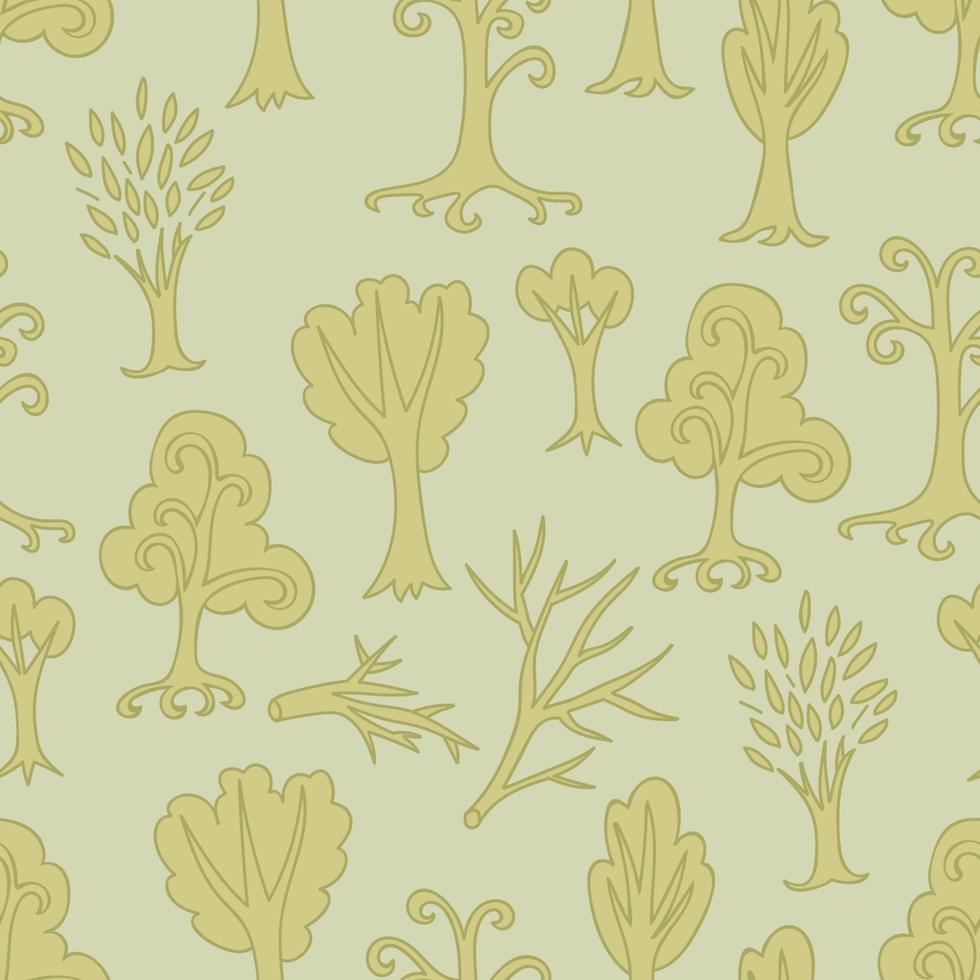 Cute doodle seamless pattern with different trees and branches. Hand drawn infinity forest background. Cartoon woodland. The best for design, textile, fabric, wrapping paper, kids. vector