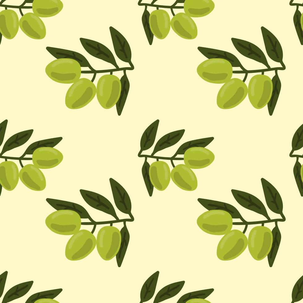 Green olive branch with berries and leaves seamless pattern. Vegetables background. vector