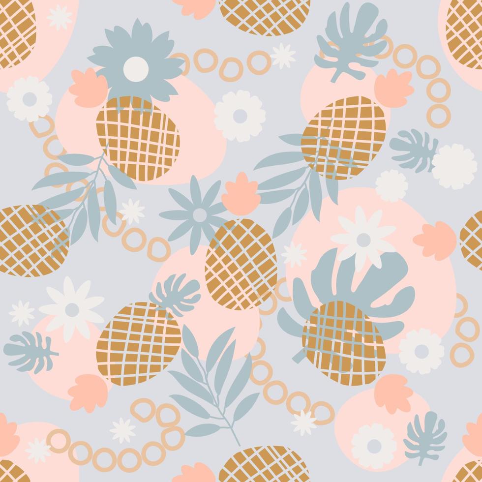 Cute tropical seamless pattern with pineapple, palm leaf, flower, stain, circle. Abstract colorful background with exotic fruits, palm foliage. vector