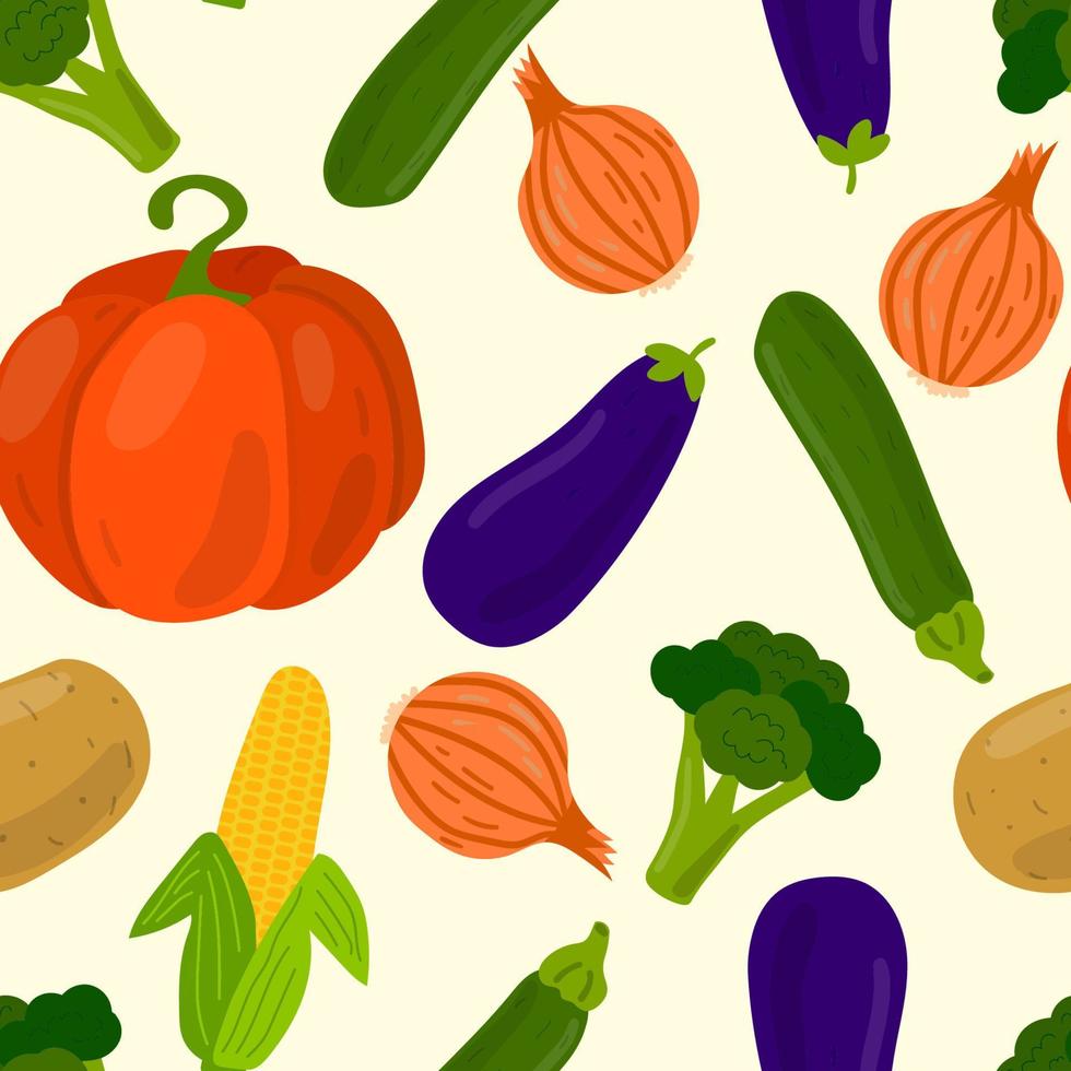 Vegetables seamless pattern. Pumpkin and onion, potato and corn, broccoli and zucchini, eggplant. vector