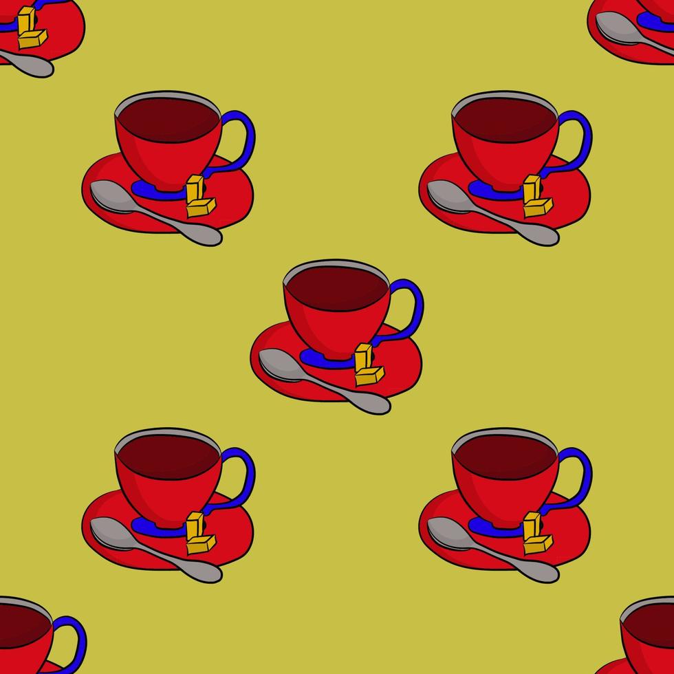 Seamless tea pattern. Cup of tea on a saucer with a teaspoon and sugar slices. Cute background. vector