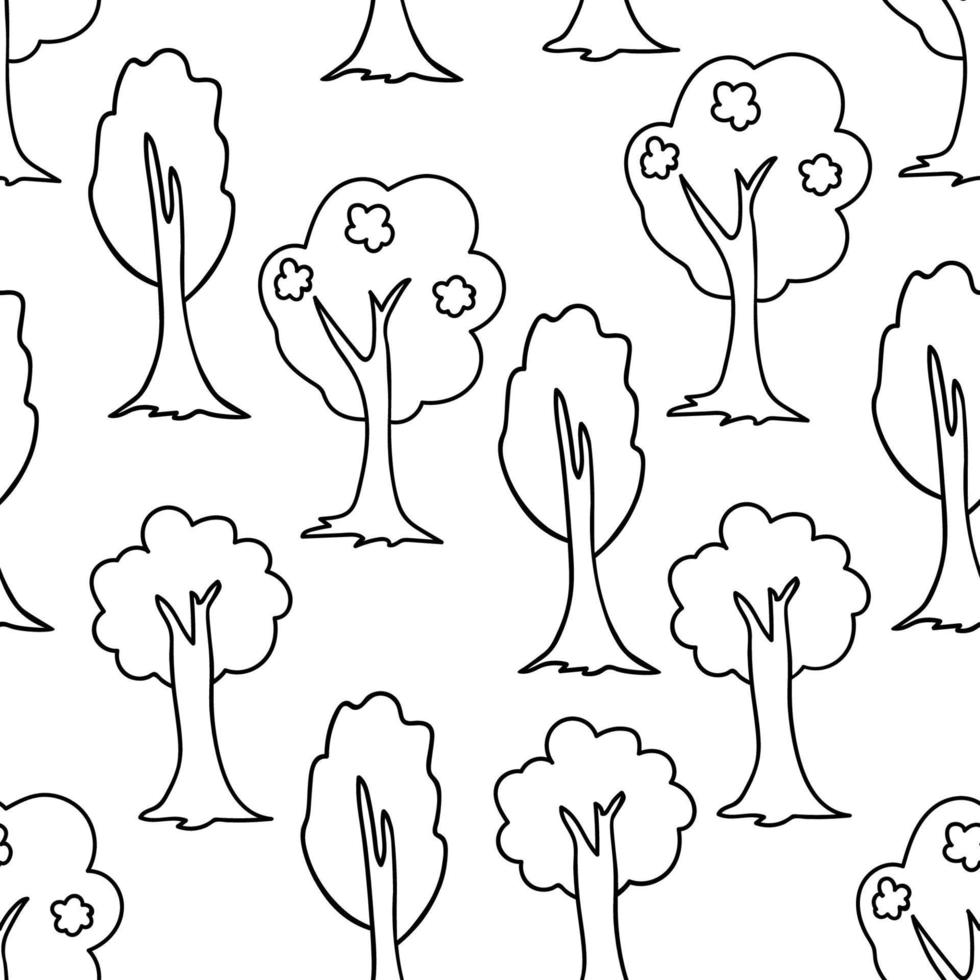 Seamless forest doodle pattern. Hand drawn sketch of trees background. vector