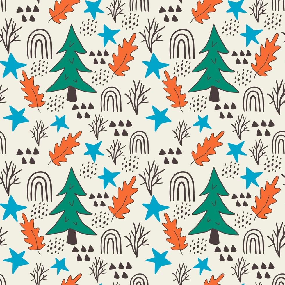 lindo árbol de navidad desordenado de dibujos animados, hojas, estrellas, puntos de patrones sin fisuras. fondo festivo de invierno moderno. vector