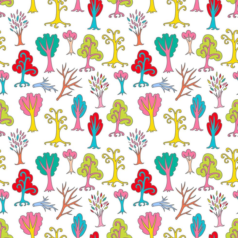 Cute doodle seamless pattern with different trees and branches. Hand drawn infinity forest background. Cartoon woodland. The best for design, textile, fabric, wrapping paper, kids. vector