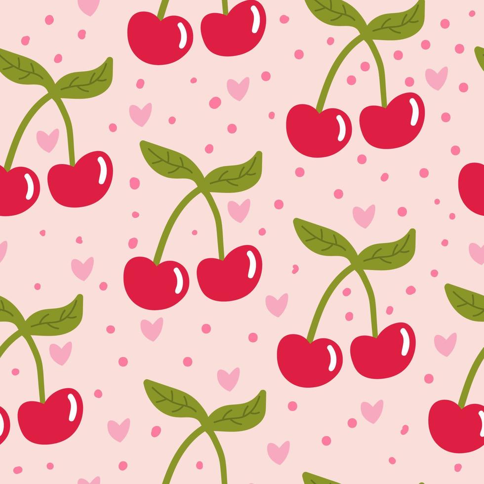 patrón sin costuras de cereza de dibujos animados con corazones y puntos. fondo de frutas. papel de envolver, textil, cubierta, tarjeta infinita. vector