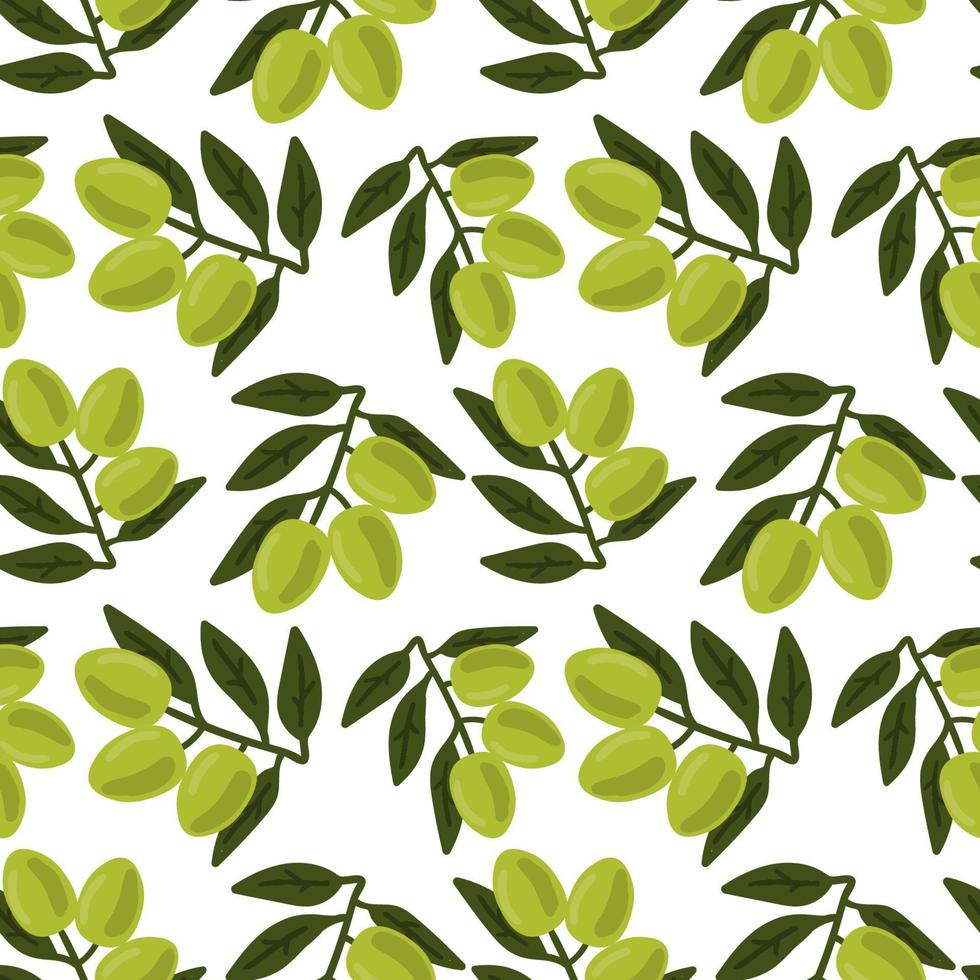 Green olive branch with berries and leaves seamless pattern. Vegetables background. vector