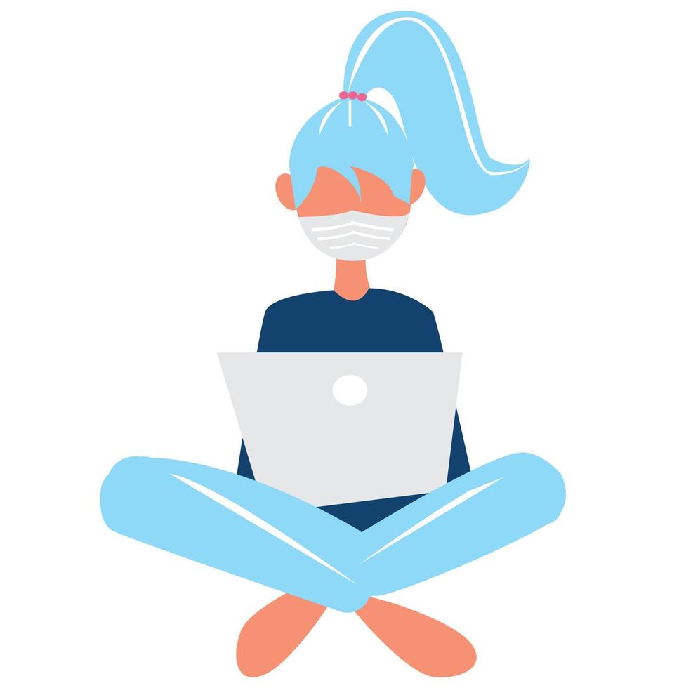 Work in a mask at a computer. Office work, distant work, coronavirus. Masked girl with laptop showing that everything is fine - color vector illustration in a flat style