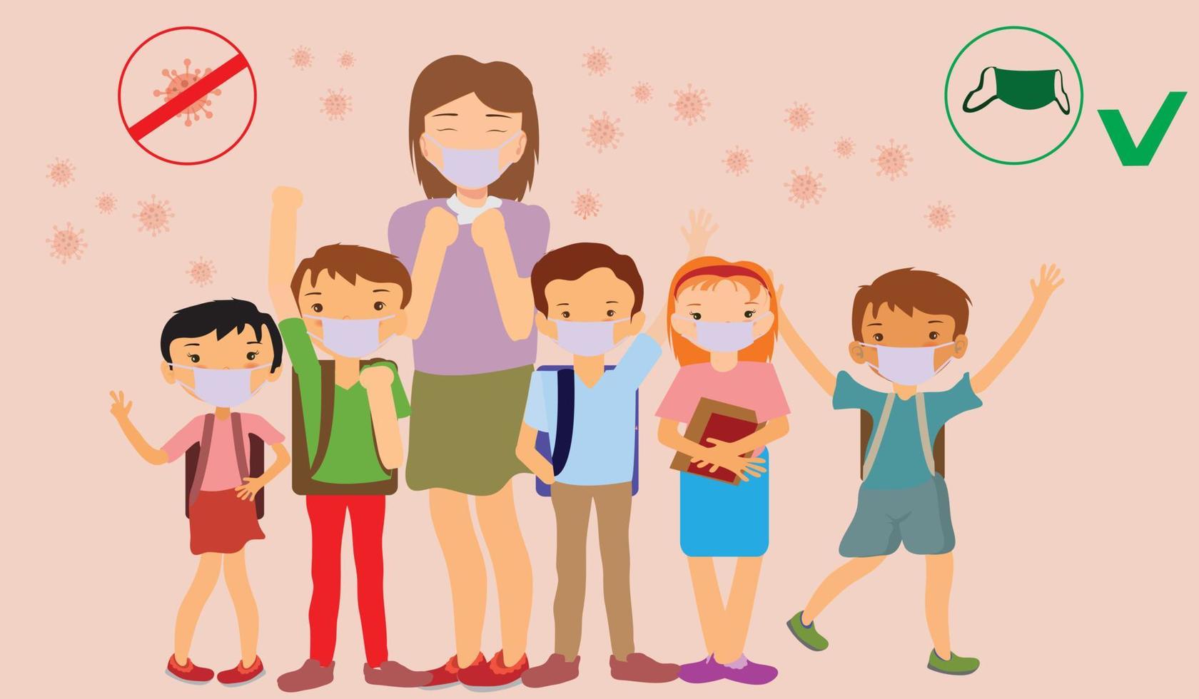 Teacher and student in masks. New normal life in school or kindergarten. Children learning safe, preventing Covid-19 vector