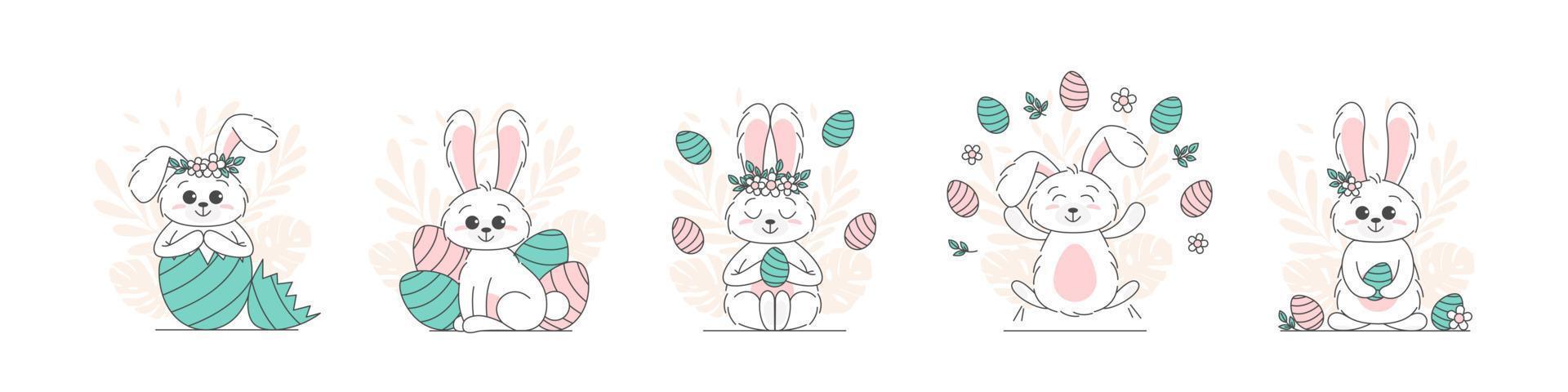 Set of Easter card with rabbit and eggs. Happy easter greeting card and template vector illustration. Cute Design layout for invitation, card, menu, flyer, banner, poster, voucher. Eggs and bunny ears