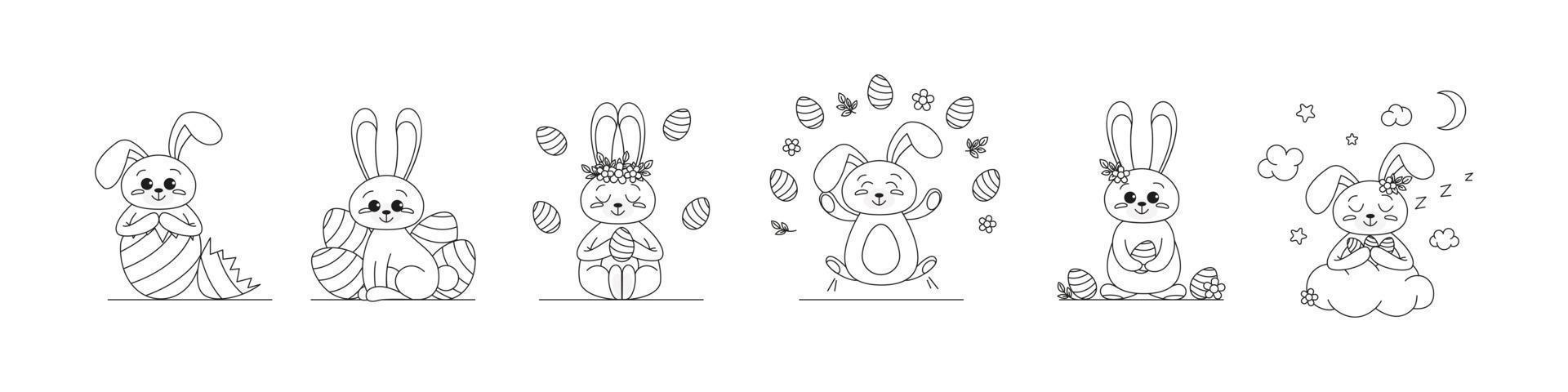 Set of Happy Easter rabbit in doodle style. Cute outline rabbit, bunny for coloring. Rabbit Bunny Cartoon Outline Coloring Book or page for kids. Illustration Vector. vector