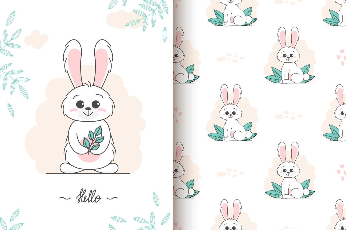 card, seamless pattern of a cute bunny. children concept. Happy easter rabbits different poses cartoon characters. Bunny with floral leafs. Design for baby, kids poster, card, invitaton. Vector