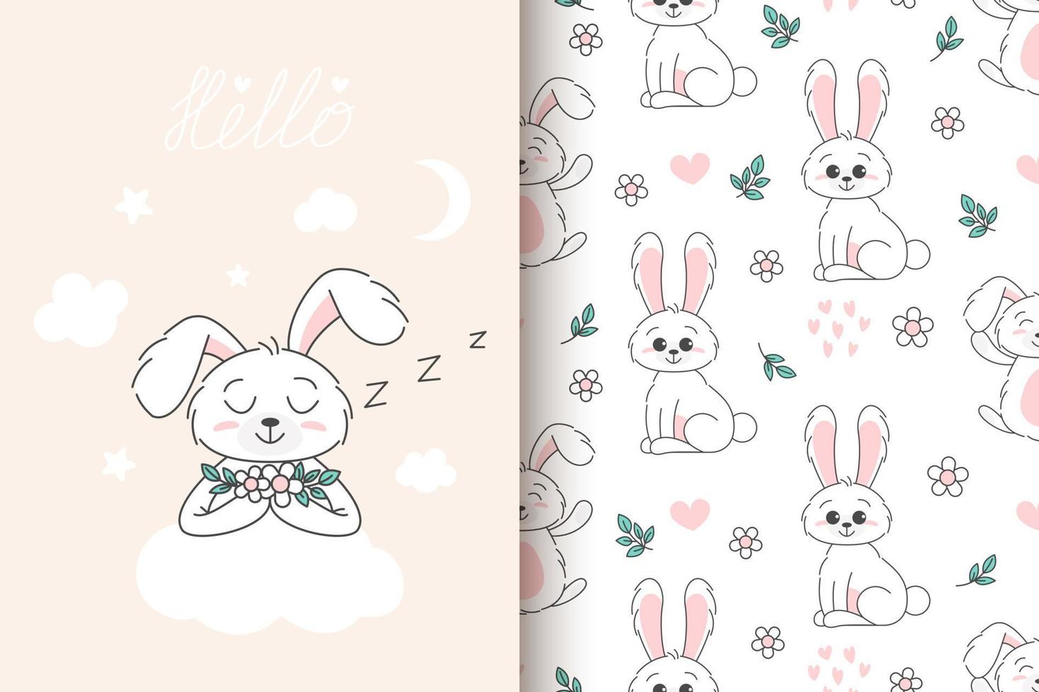 card, seamless pattern of a cute bunny. children concept. Happy easter rabbits different poses cartoon characters. Bunny with floral leafs. Design for baby, kids poster, card, invitaton. Vector