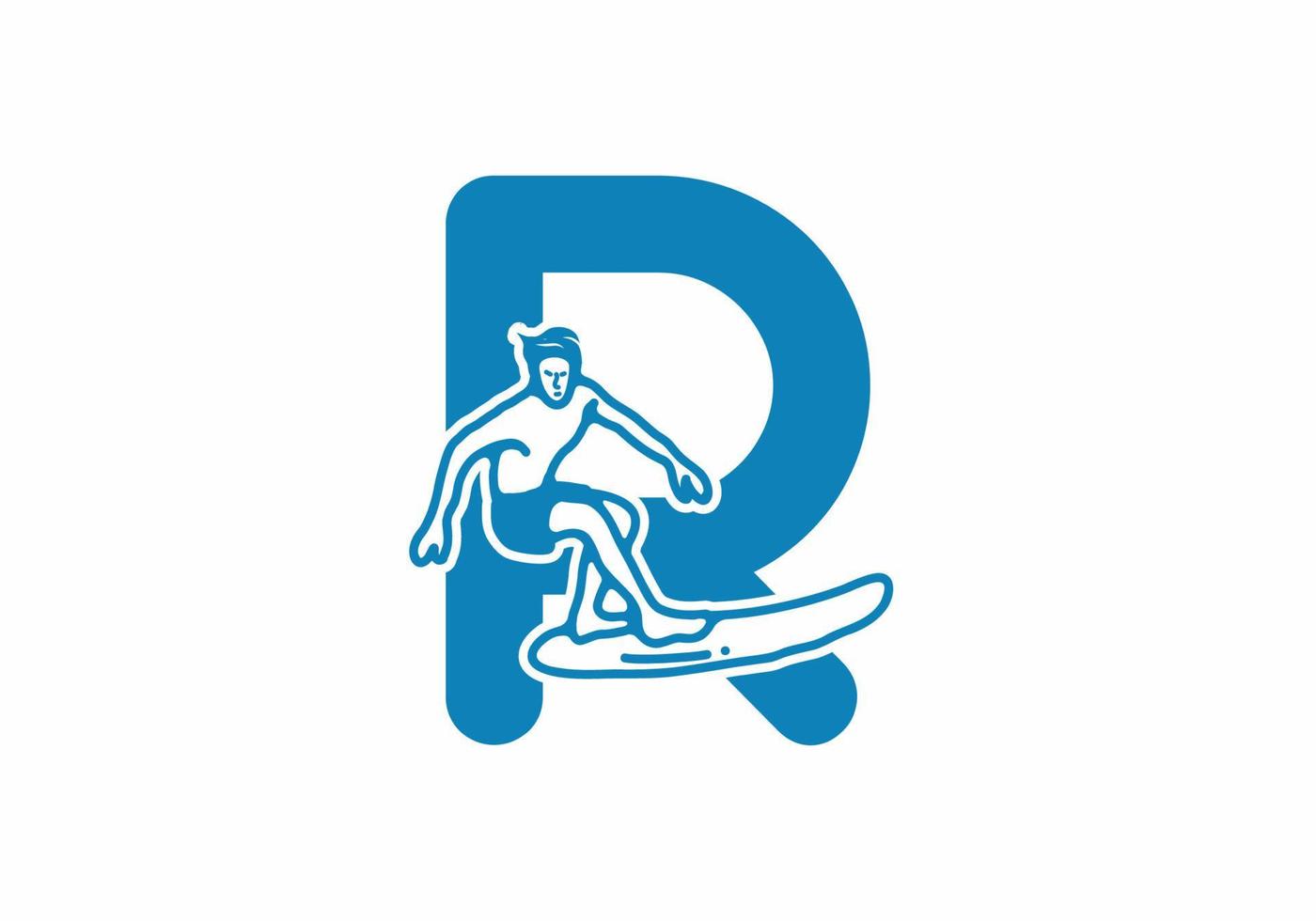 Man surfing line art illustration with R initial letter vector