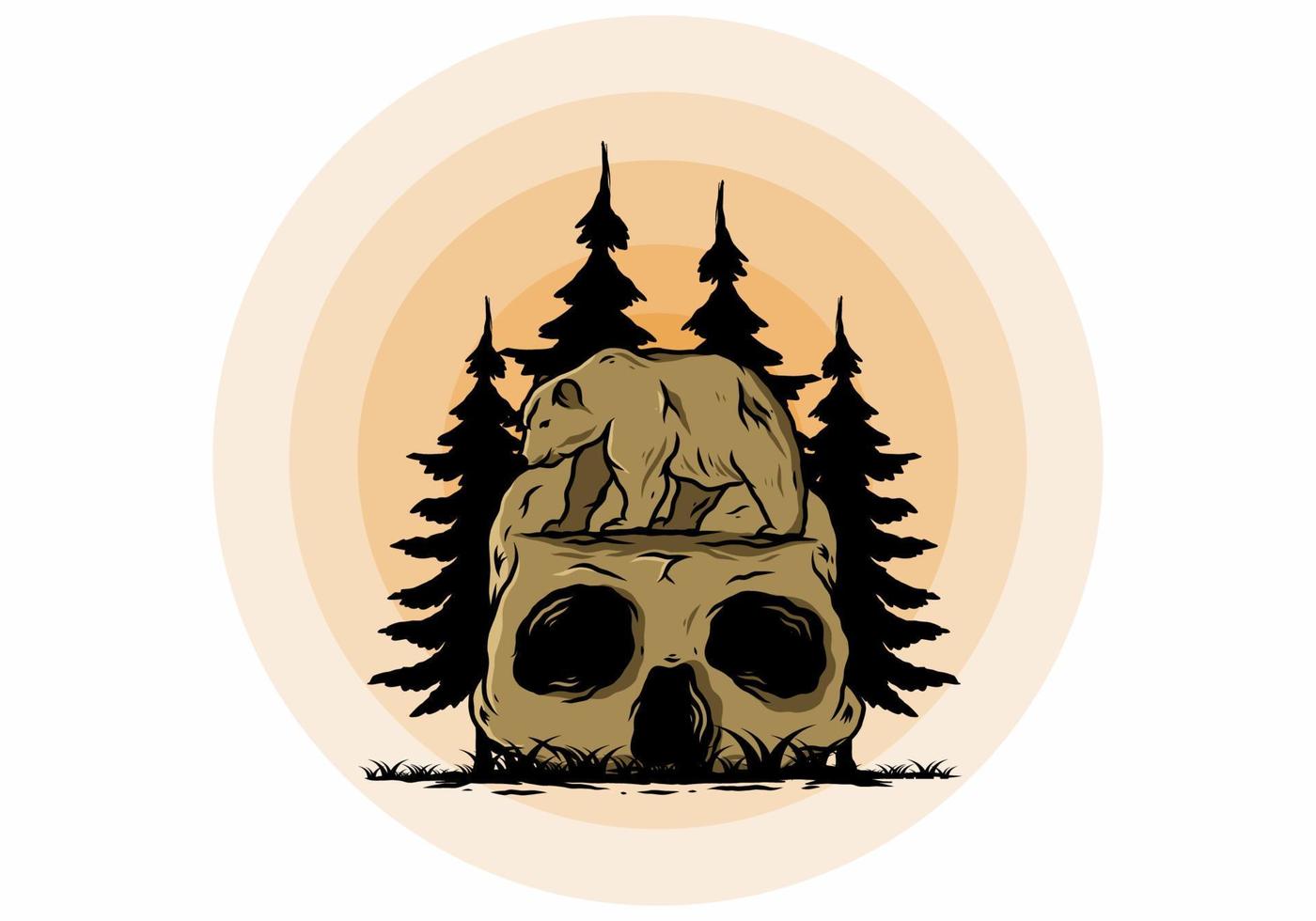 Big bear walking on skull head illustration vector