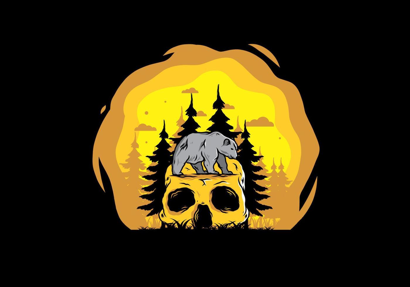 Big bear walking on skull head illustration vector