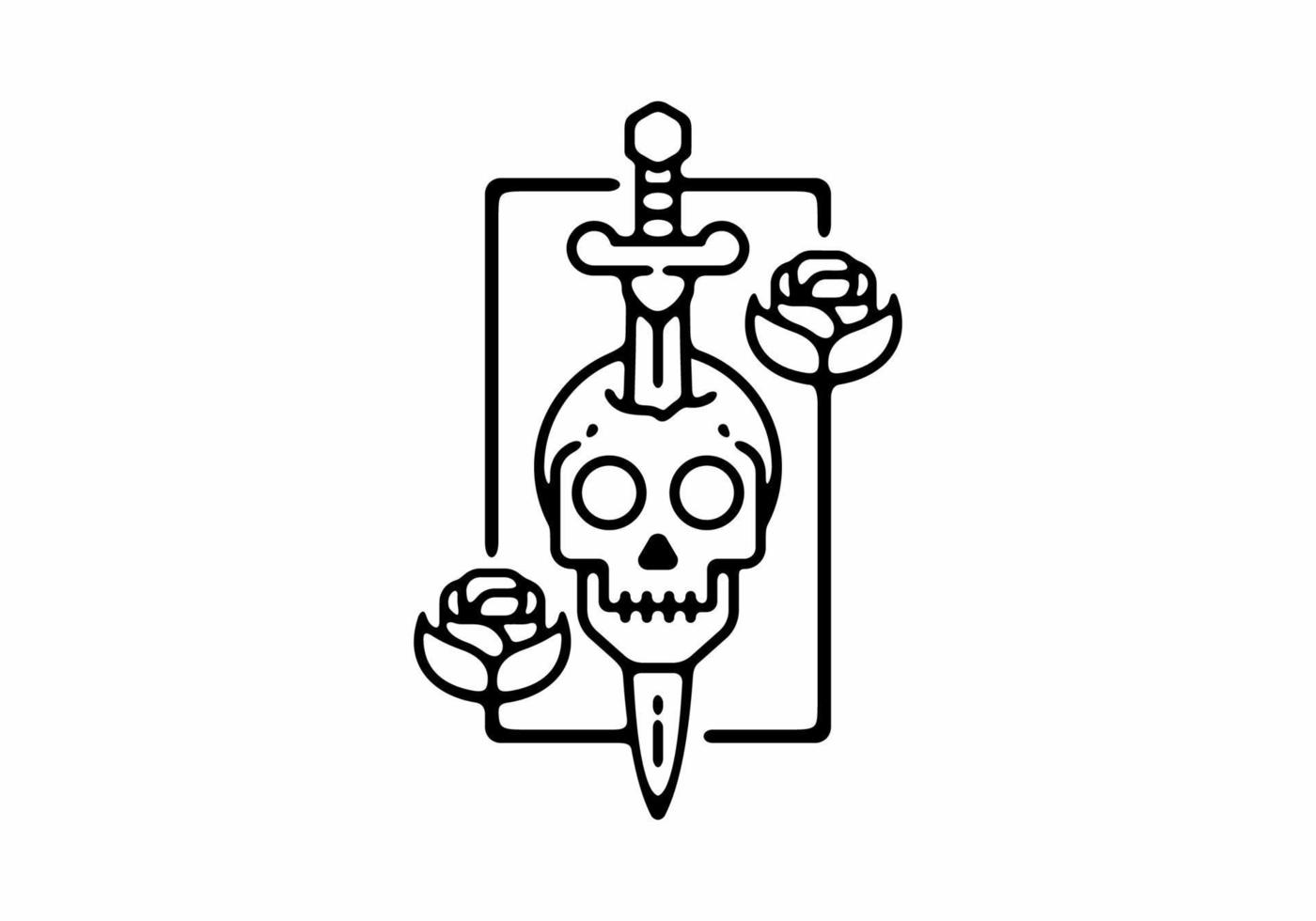 tatuaje de ilustración de arte lineal de calavera con espada y rosa vector