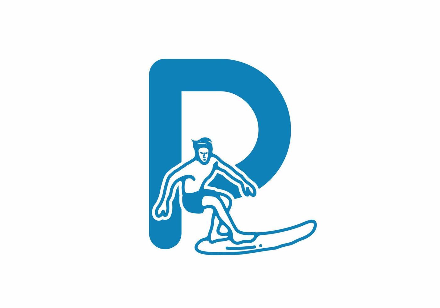 ilustración de arte de línea de surf de hombre con letra inicial p vector