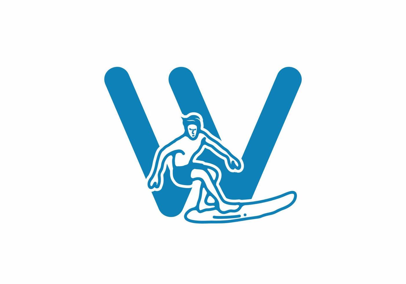 Man surfing line art illustration with W initial letter vector