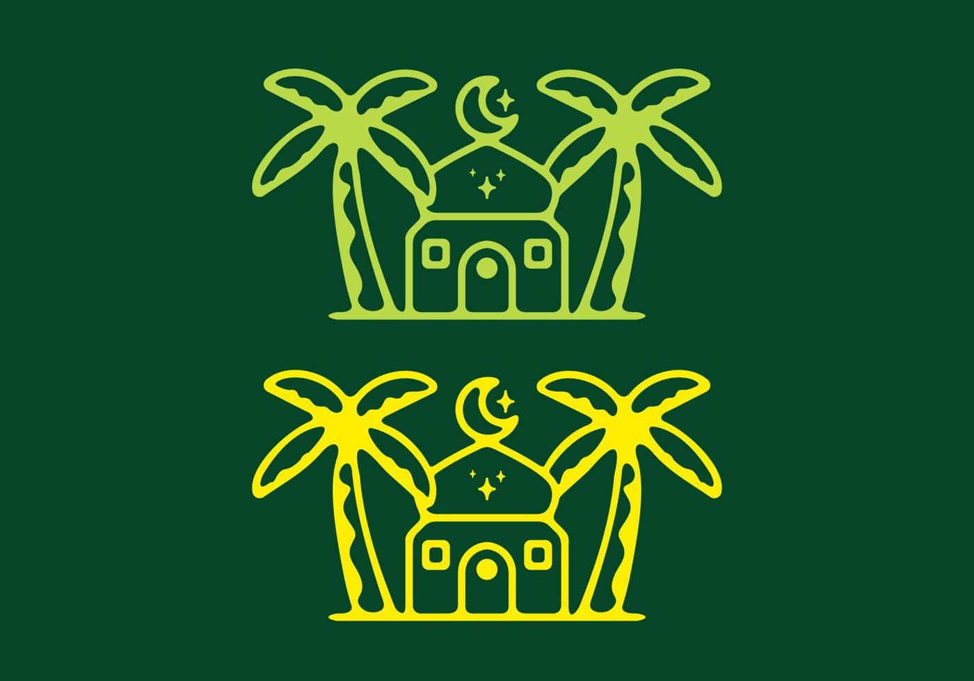 Mosque and date palm tree flat art illustration in yellow and green color vector