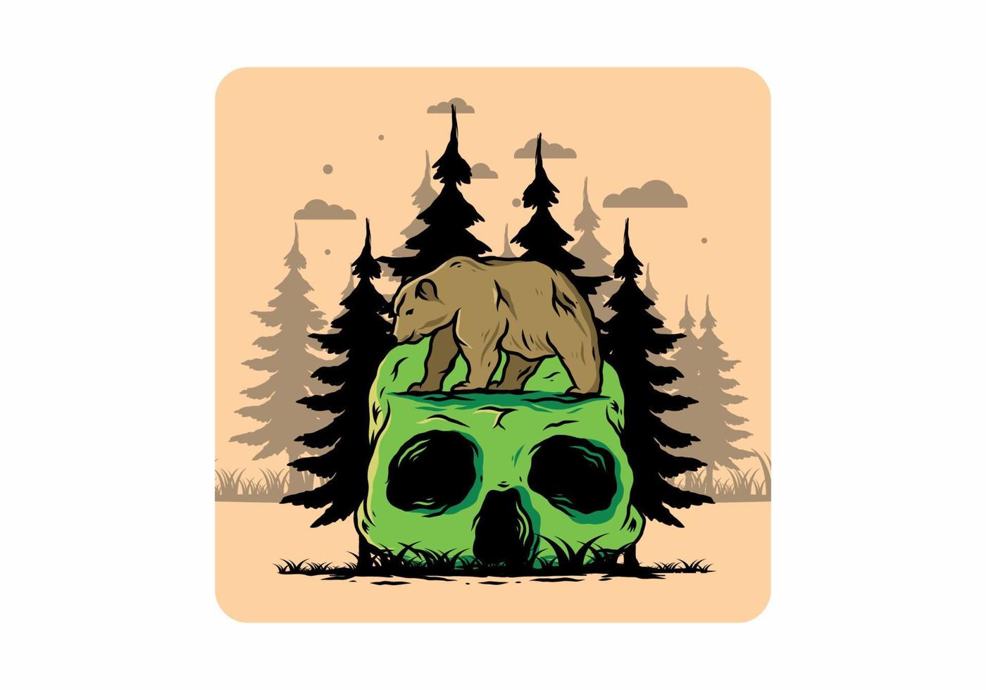 Big bear walking on skull head illustration vector