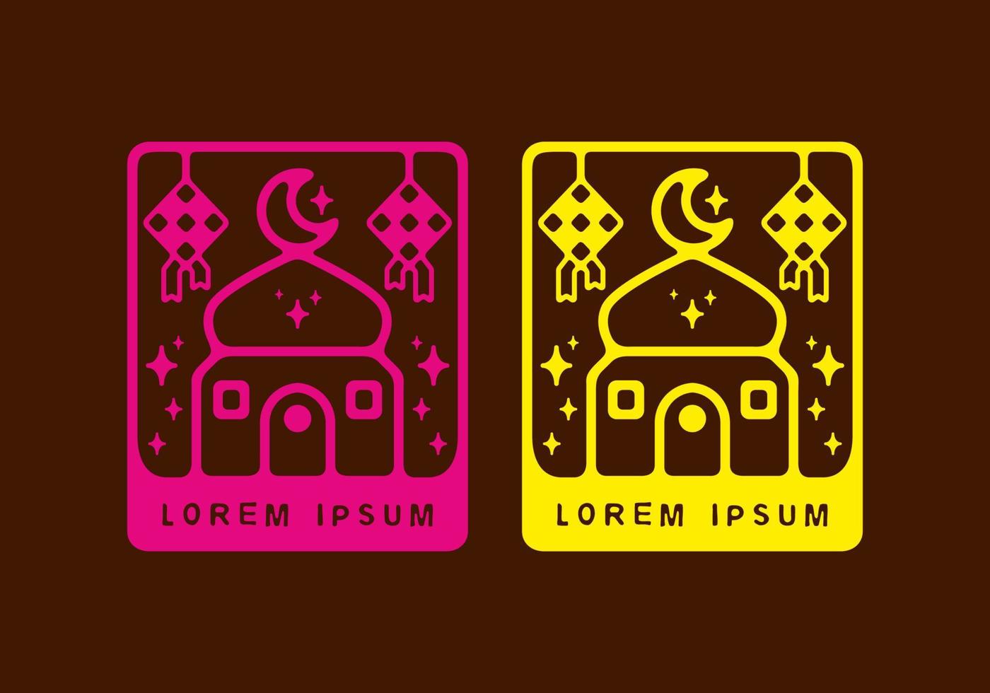 Mosque and ketupat in rectangle shape flat illustration pink and yellow color vector