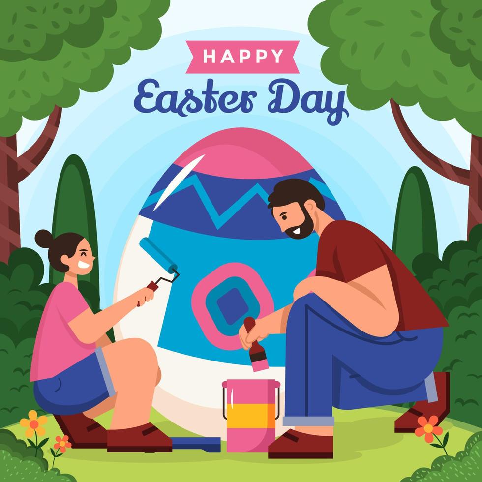 Decorating Egg with Family on Easter Day Concept vector