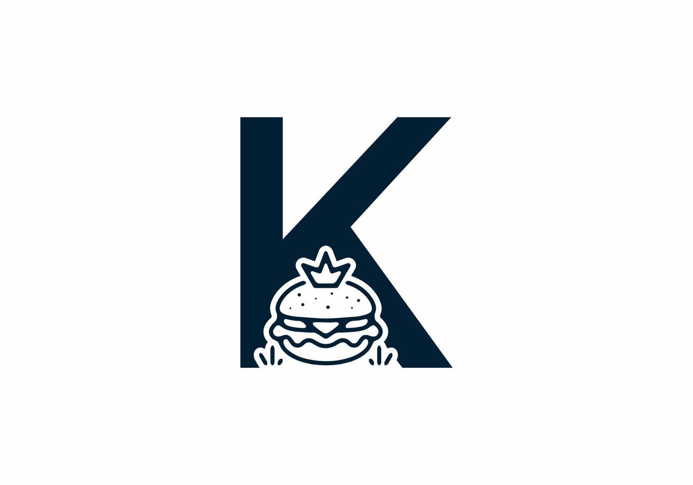 Merger shape of K initial letter with burger and crown vector