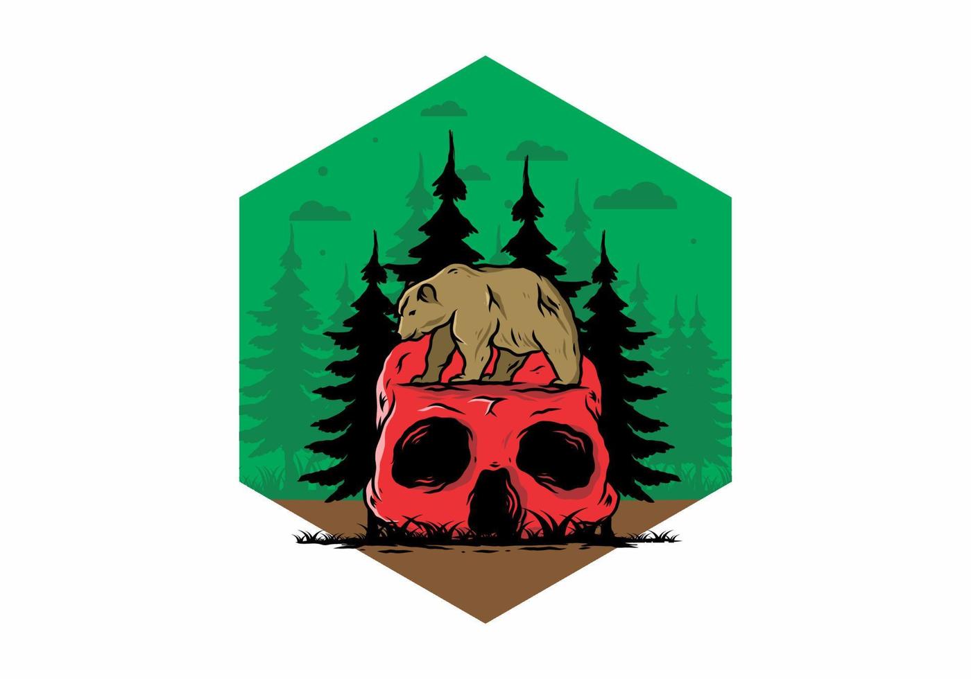 Big bear walking on skull head illustration vector