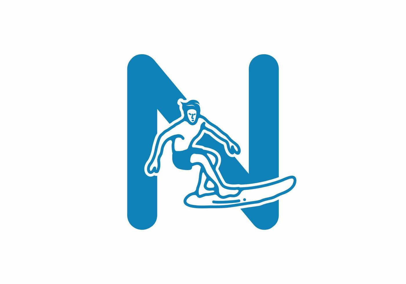 Man surfing line art illustration with N initial letter vector