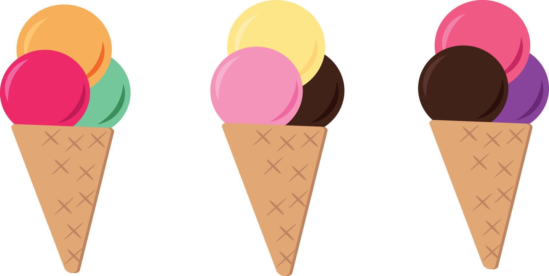 ice cream in a waffle cone. multi-colored balls. set of elements in flat style, sweet dessert vector