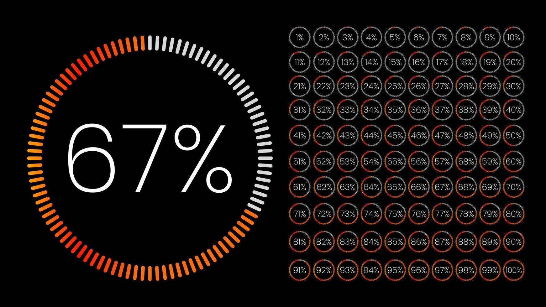 conjunto de medidores de porcentaje de círculo de 0 a 100 para infografía, diseño de interfaz de usuario ui. gráfico circular degradado descargando el progreso de púrpura a blanco en fondo negro. vector de diagrama de círculo.