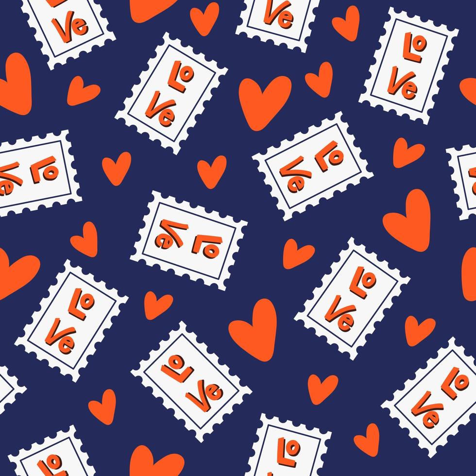 Abstract seamless pattern with red hearts and love stamps on dark blue background. Romantic cute retro design for Valentine's day, love theme, fabric. Vector illustration