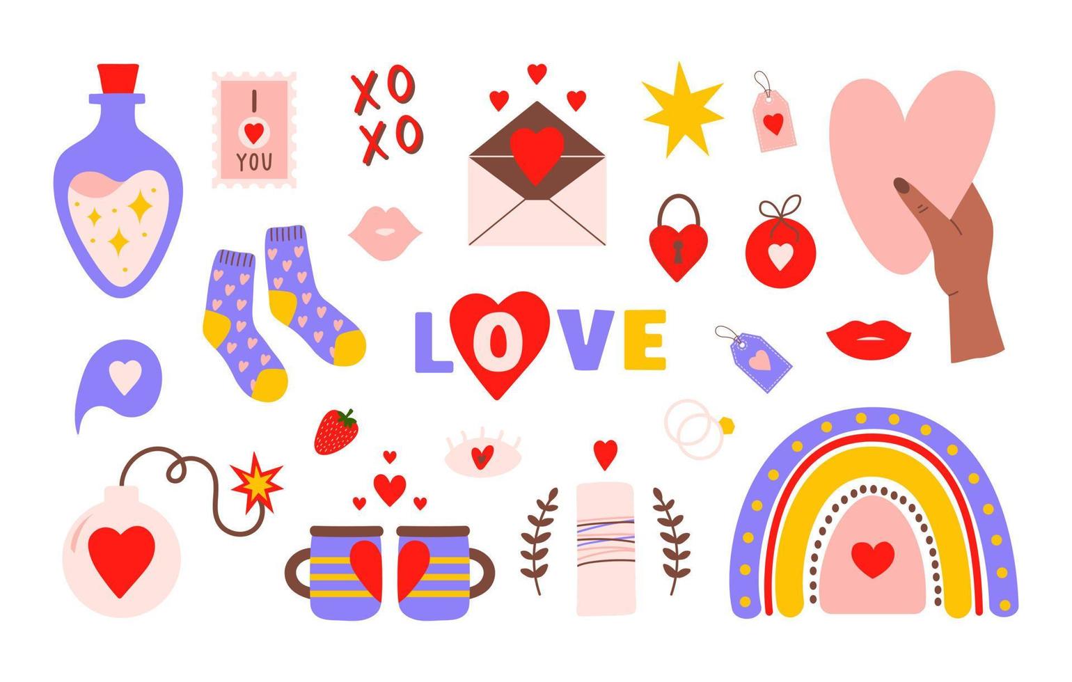 conjunto de íconos románticos para el día de san valentín aislados en un fondo blanco. diseño moderno dibujado a mano para álbumes de recortes, pegatinas, tarjetas, etiquetas de regalo, postales. ilustración vectorial vector