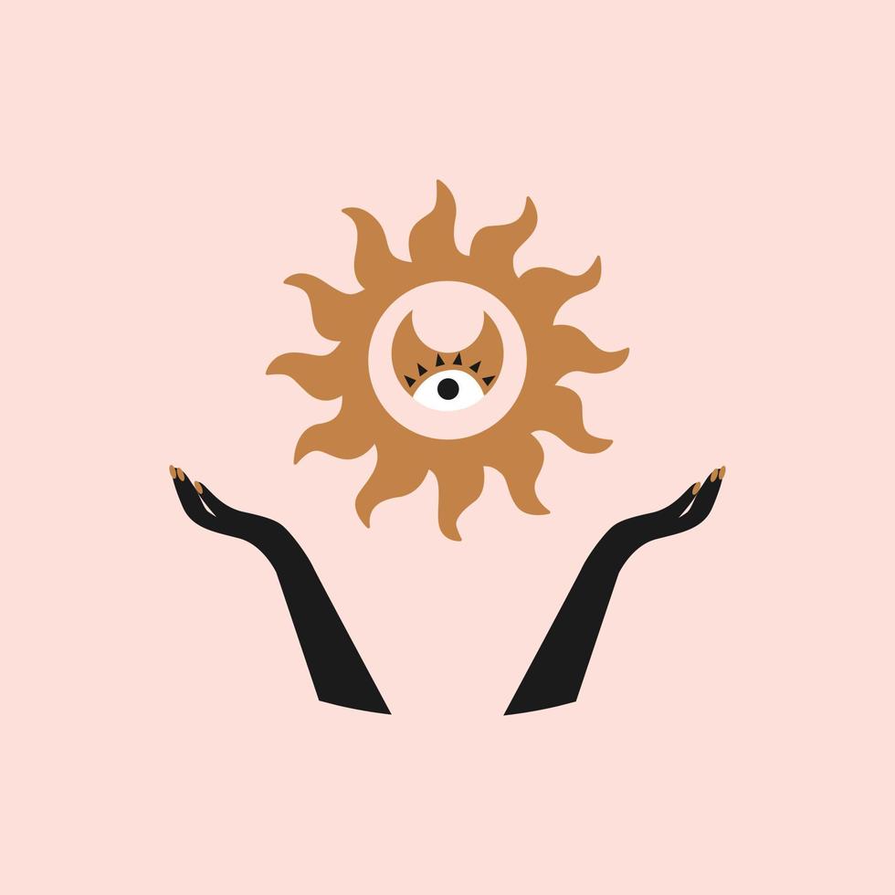Modern aesthetic minimal illustration with open hands, sun, moon and eye on pastel background. Hand drawn bohemian vector illustration with mystical symbols
