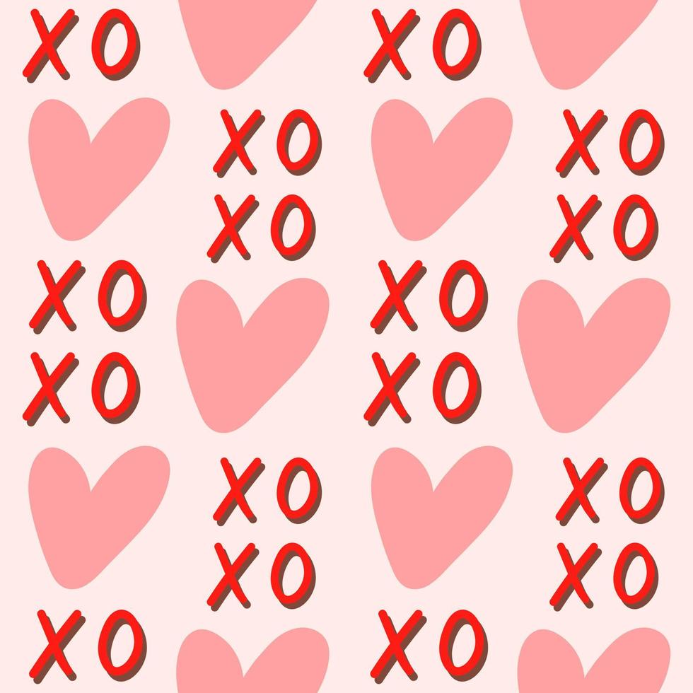 Cute romantic XOXO brush lettering symbol and hearts seamless pattern on a light background. Vector hand drawn illustration