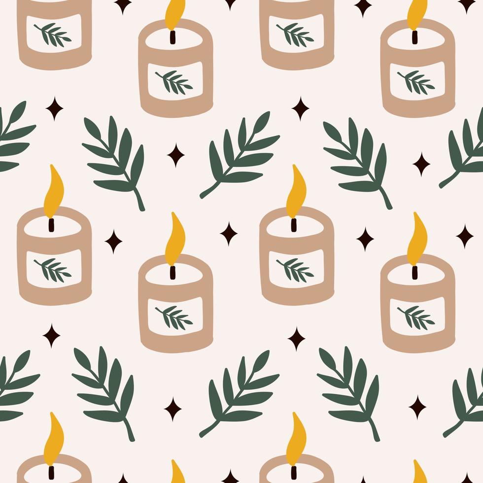 Vector seamless pattern with aroma candles on pastel background. Decorative wax candles for relax and spa. Modern hand drawn illustration