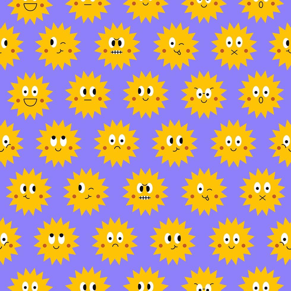 Vector seamless pattern with funny sun character faces on a blue background. Trendy comic sun characters.