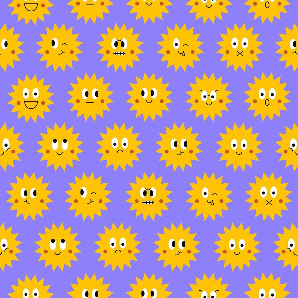 Vector seamless pattern with funny sun character faces on a blue background. Trendy comic sun characters.