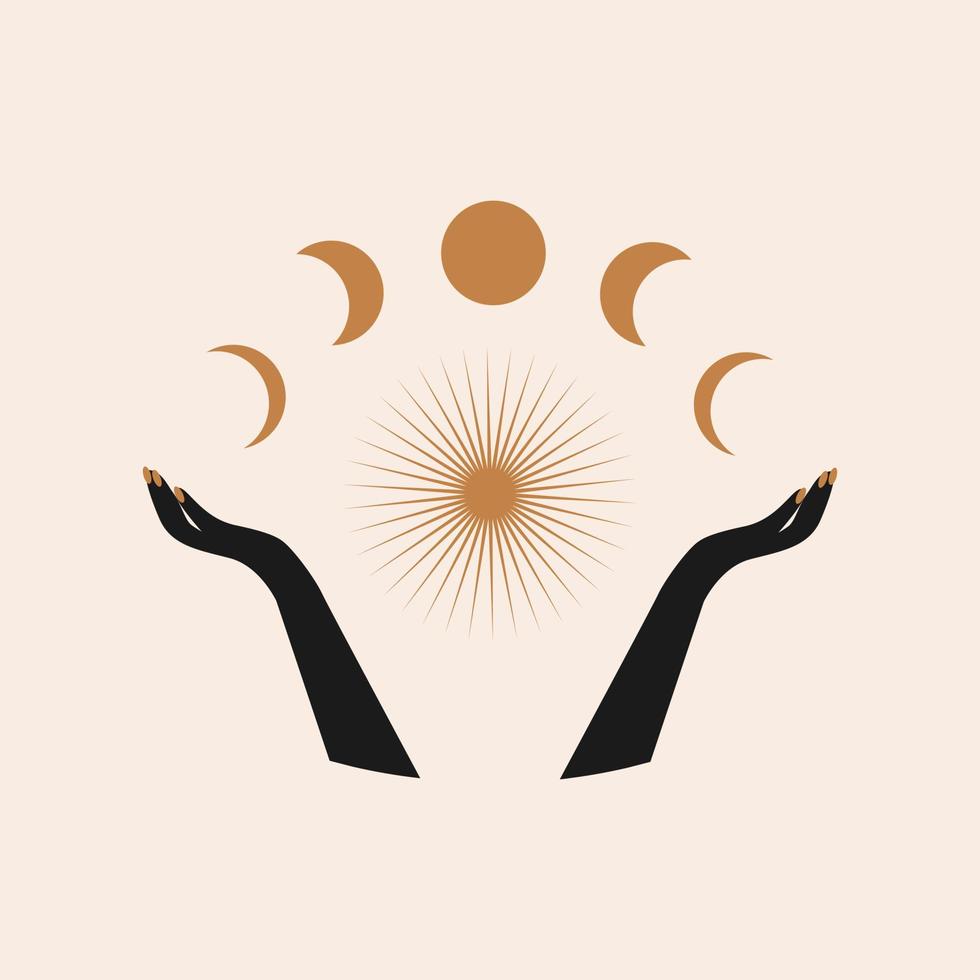 Modern aesthetic minimal illustration with hands and moon phases on pastel background. Hand drawn bohemian vector illustration with mystical symbols