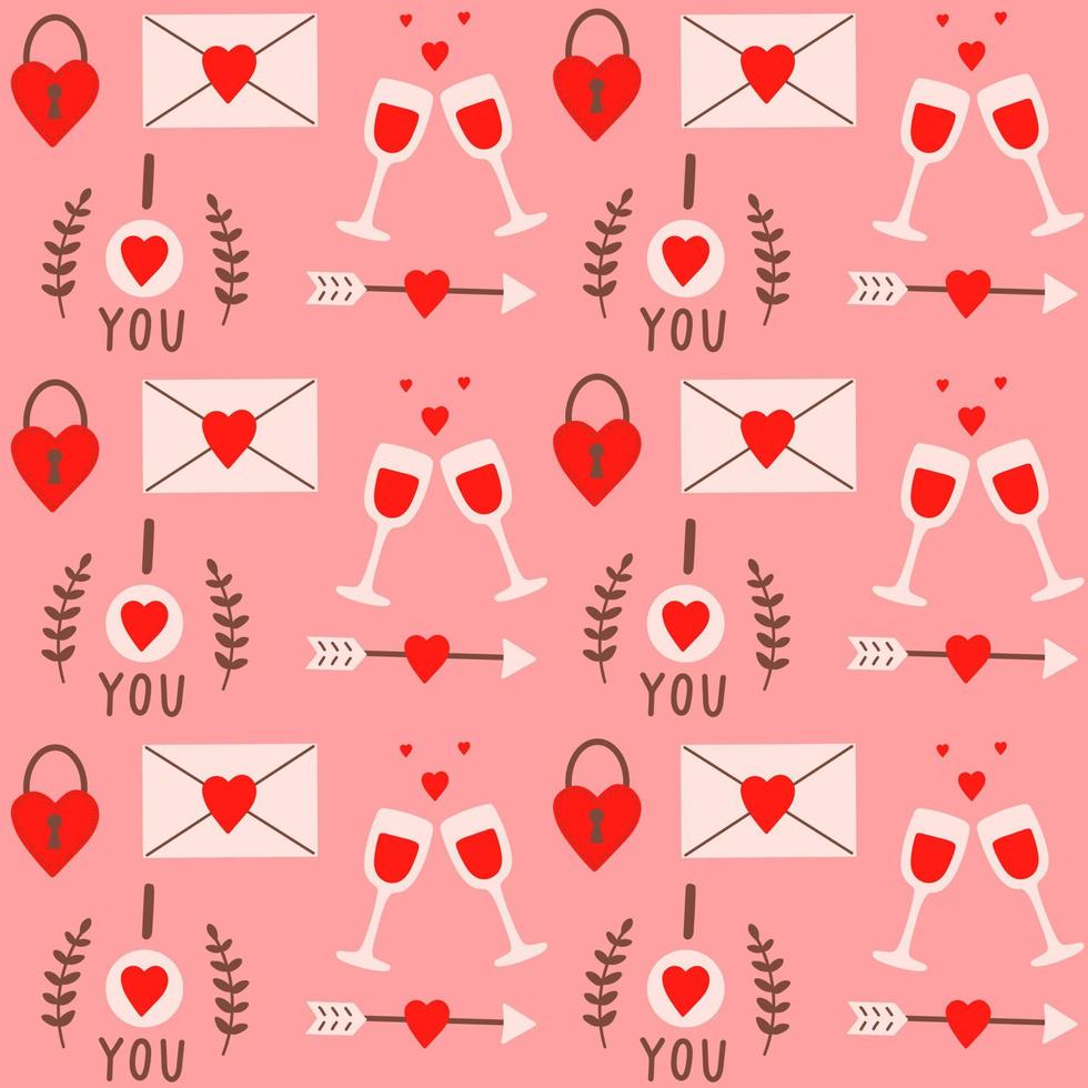 Colorful seamless pattern with romantic elements for Valentine's Day on a pink background. Modern hand drawn design for scrapbooking, wrapping paper, fabric, card. Vector illustration
