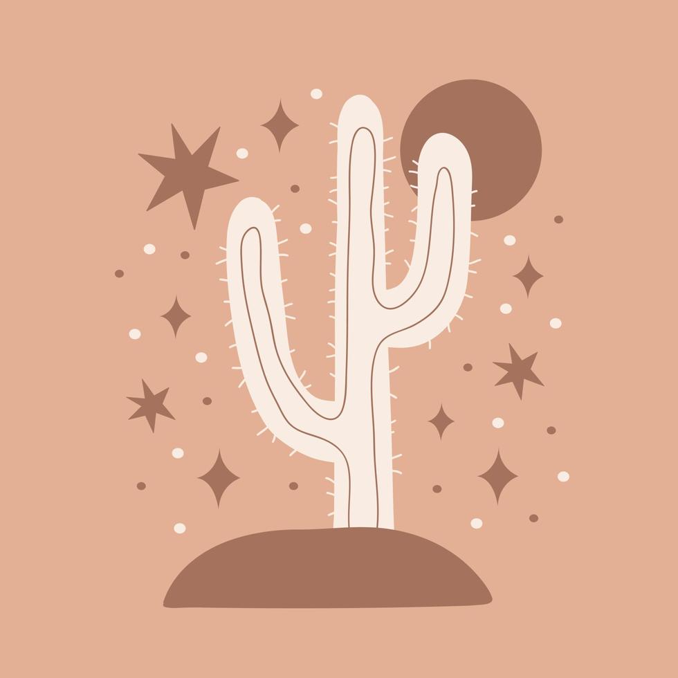 Modern abstract illustration with mexican cactus, sun, magic symbols on light brown background. Contemporary vector hand drawn cactus in the desert