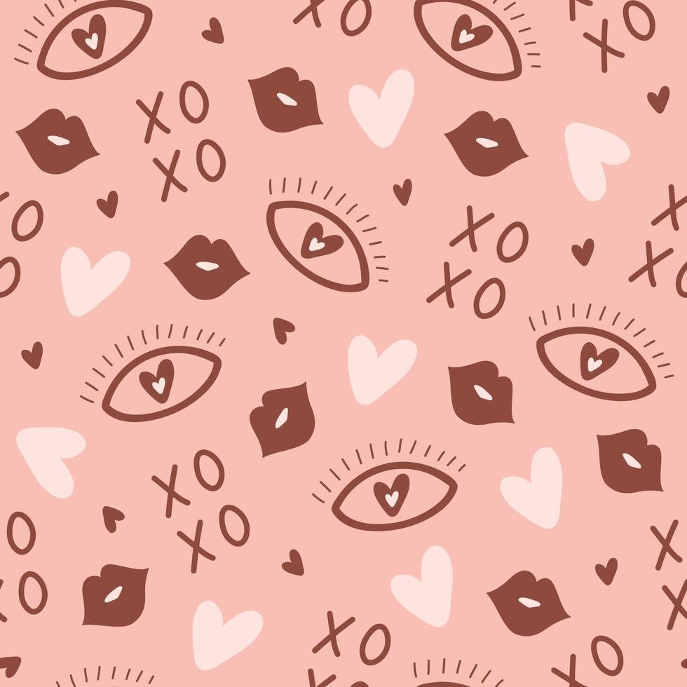 Colorful seamless pattern with hearts, lips and eye. Romantic mystic background for Valentine's day, fabric design, wrapping paper. Vector hand drawn illustration